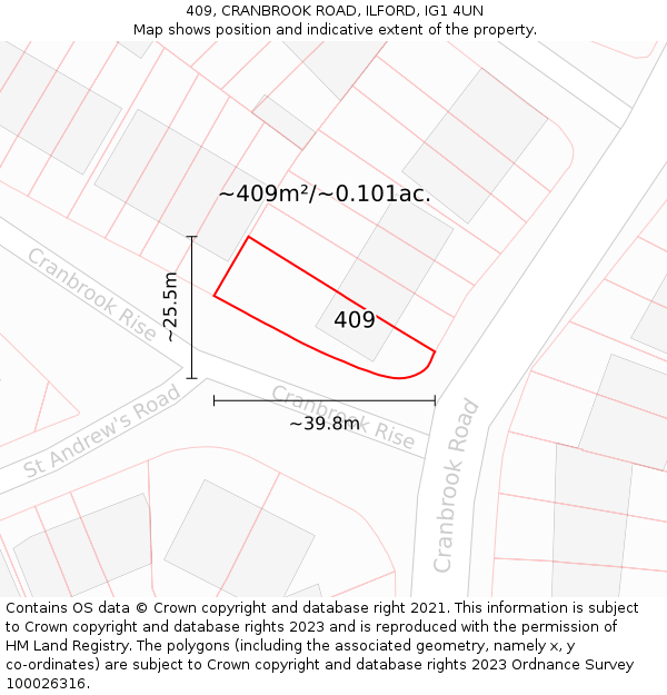 409, CRANBROOK ROAD, ILFORD, IG1 4UN: Plot and title map