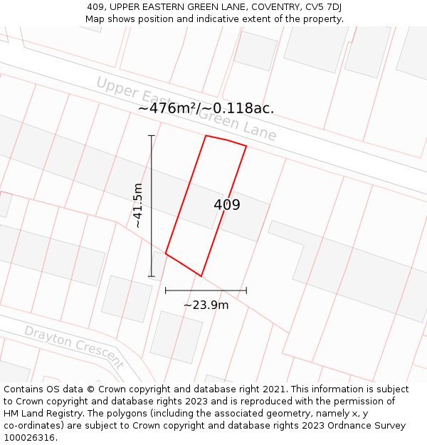 409, UPPER EASTERN GREEN LANE, COVENTRY, CV5 7DJ: Plot and title map