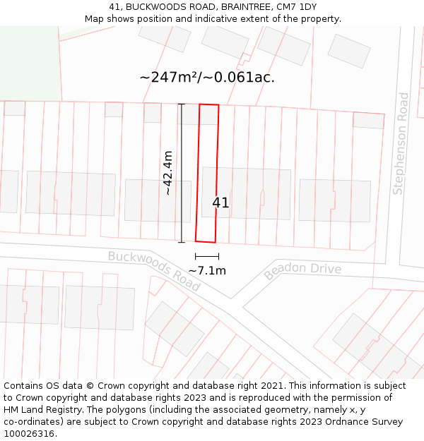 41, BUCKWOODS ROAD, BRAINTREE, CM7 1DY: Plot and title map