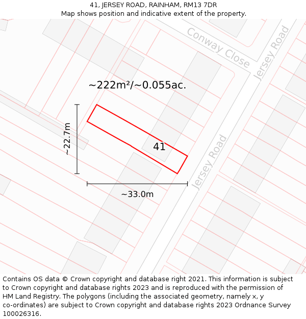 41, JERSEY ROAD, RAINHAM, RM13 7DR: Plot and title map