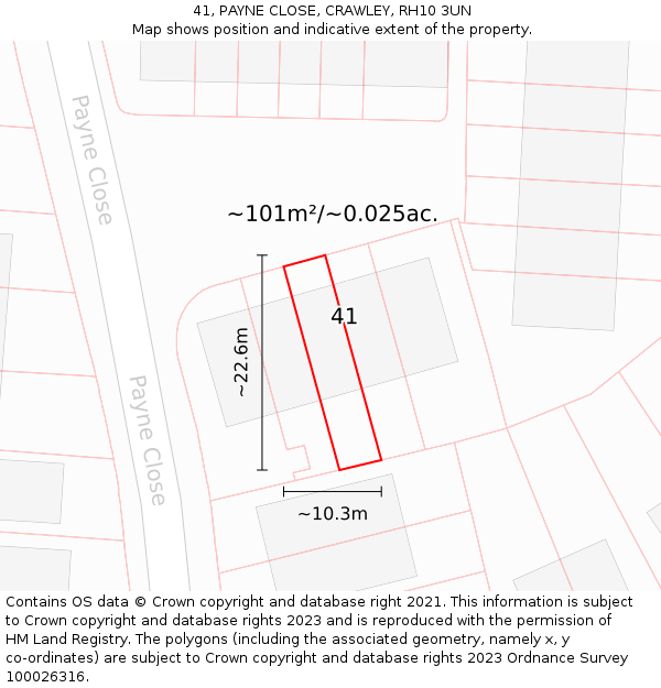 41, PAYNE CLOSE, CRAWLEY, RH10 3UN: Plot and title map