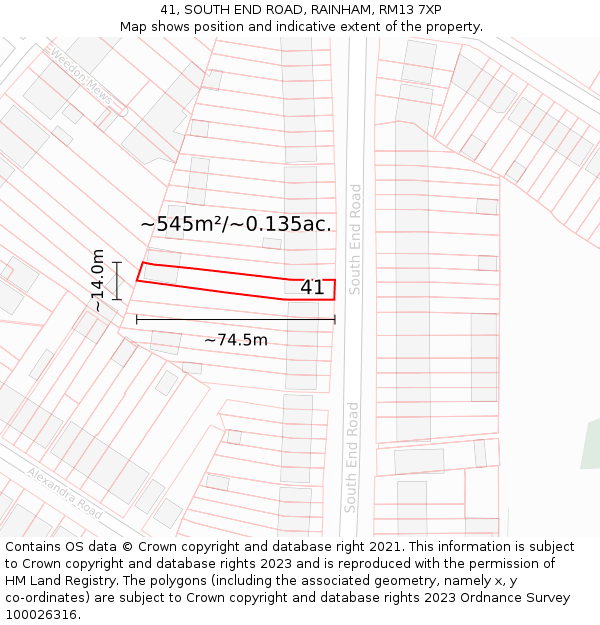 41, SOUTH END ROAD, RAINHAM, RM13 7XP: Plot and title map
