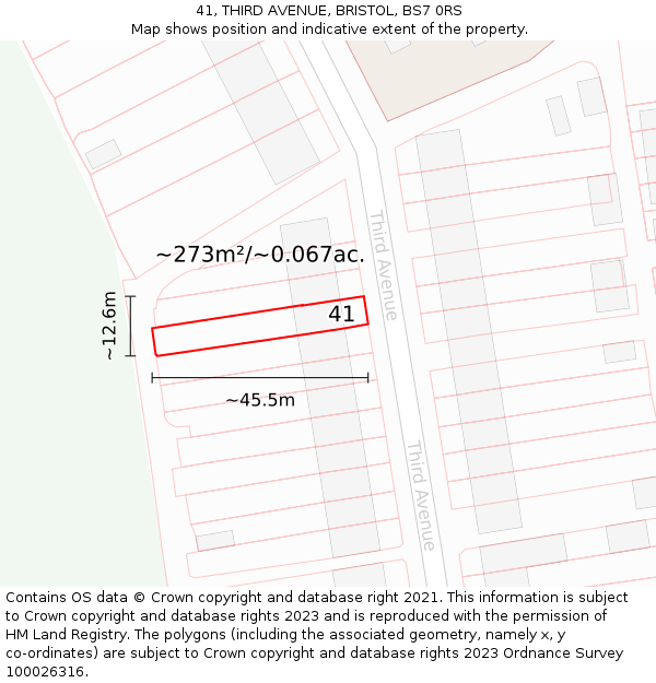 41, THIRD AVENUE, BRISTOL, BS7 0RS: Plot and title map