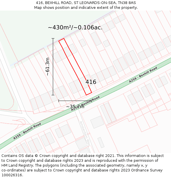 416, BEXHILL ROAD, ST LEONARDS-ON-SEA, TN38 8AS: Plot and title map