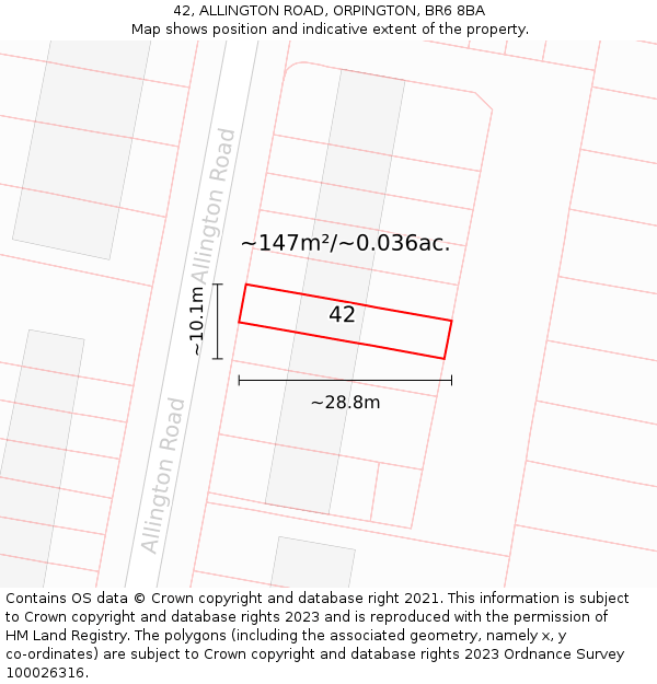 42, ALLINGTON ROAD, ORPINGTON, BR6 8BA: Plot and title map