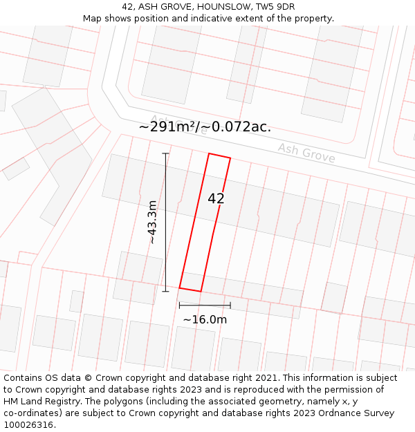 42, ASH GROVE, HOUNSLOW, TW5 9DR: Plot and title map