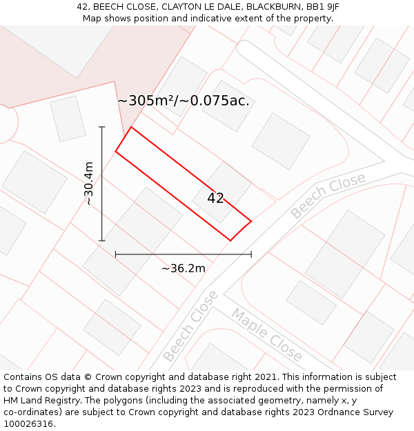 42, BEECH CLOSE, CLAYTON LE DALE, BLACKBURN, BB1 9JF: Plot and title map