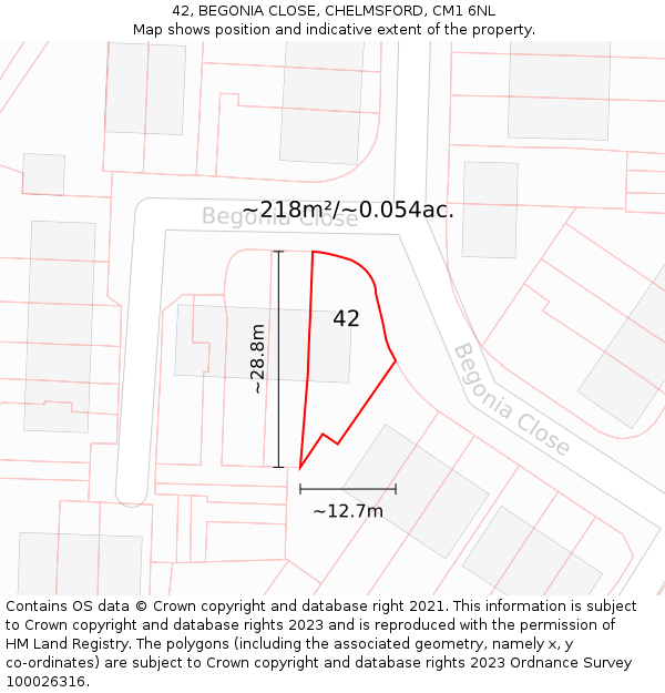 42, BEGONIA CLOSE, CHELMSFORD, CM1 6NL: Plot and title map