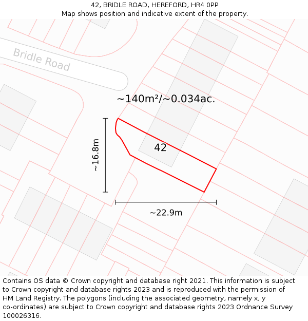 42, BRIDLE ROAD, HEREFORD, HR4 0PP: Plot and title map