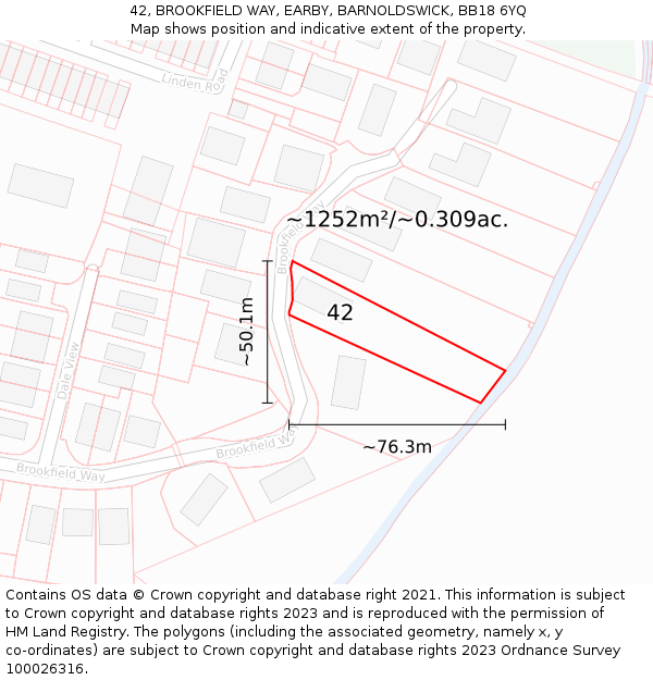 42, BROOKFIELD WAY, EARBY, BARNOLDSWICK, BB18 6YQ: Plot and title map