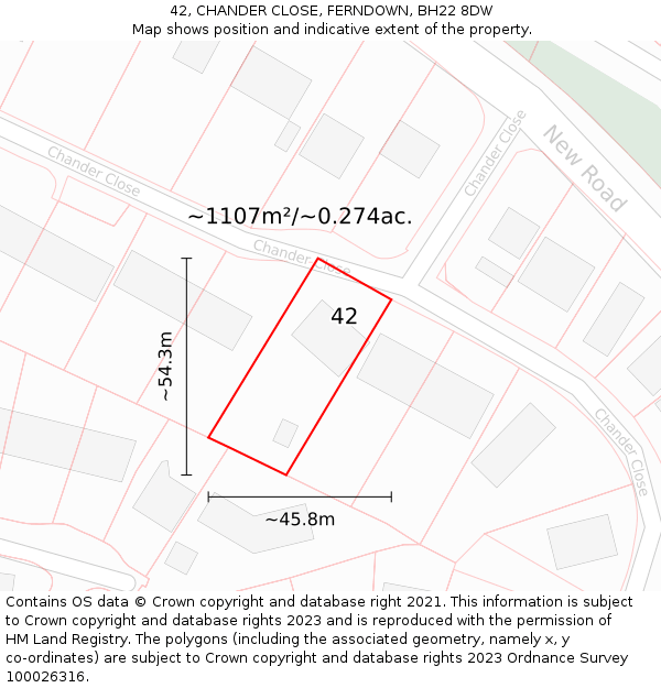 42, CHANDER CLOSE, FERNDOWN, BH22 8DW: Plot and title map
