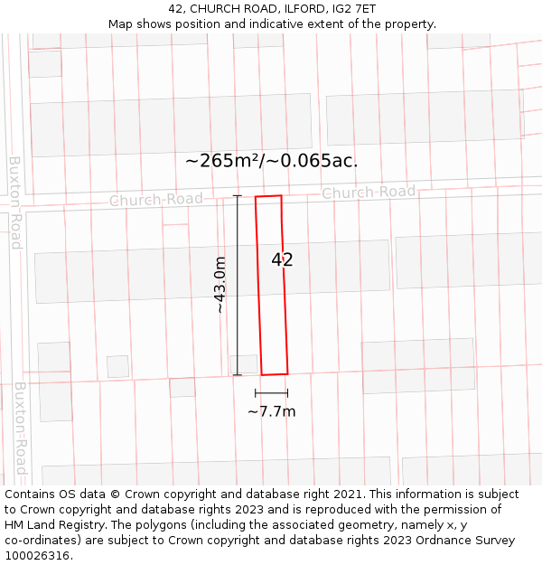 42, CHURCH ROAD, ILFORD, IG2 7ET: Plot and title map