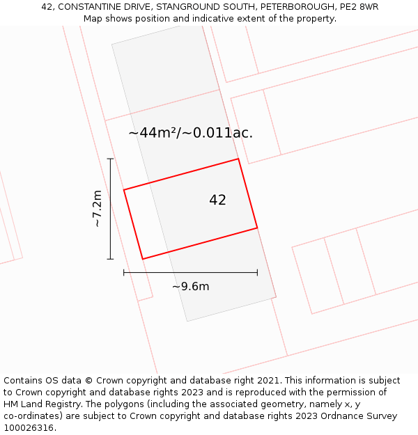 42, CONSTANTINE DRIVE, STANGROUND SOUTH, PETERBOROUGH, PE2 8WR: Plot and title map