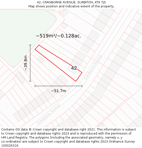 42, CRANBORNE AVENUE, SURBITON, KT6 7JS: Plot and title map