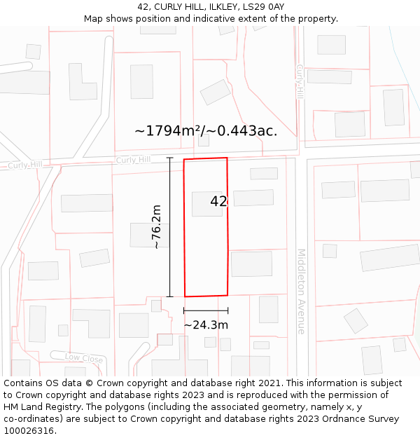 42, CURLY HILL, ILKLEY, LS29 0AY: Plot and title map