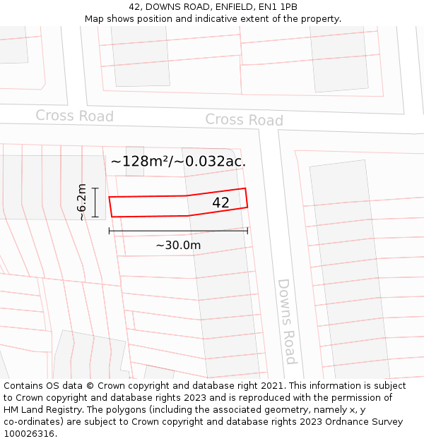 42, DOWNS ROAD, ENFIELD, EN1 1PB: Plot and title map
