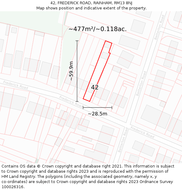 42, FREDERICK ROAD, RAINHAM, RM13 8NJ: Plot and title map