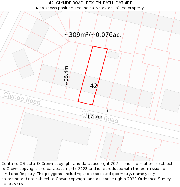 42, GLYNDE ROAD, BEXLEYHEATH, DA7 4ET: Plot and title map
