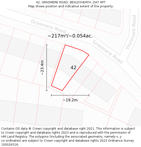 42, GRASMERE ROAD, BEXLEYHEATH, DA7 6PT: Plot and title map