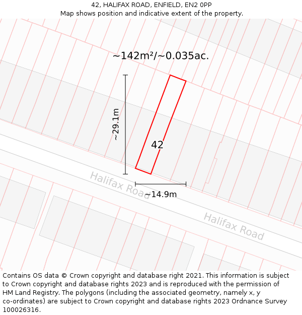 42, HALIFAX ROAD, ENFIELD, EN2 0PP: Plot and title map