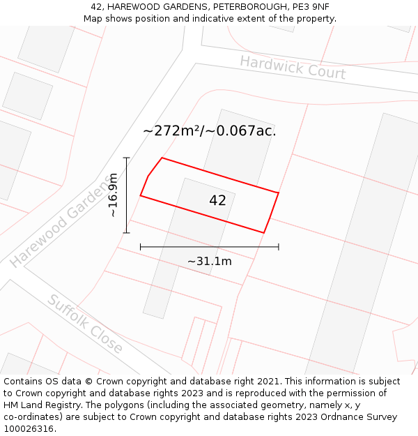 42, HAREWOOD GARDENS, PETERBOROUGH, PE3 9NF: Plot and title map