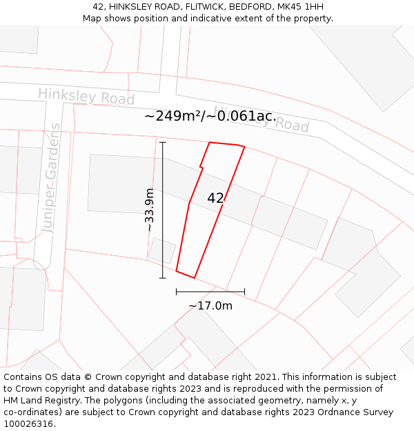 42, HINKSLEY ROAD, FLITWICK, BEDFORD, MK45 1HH: Plot and title map