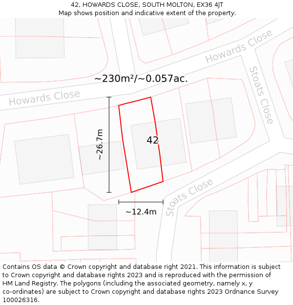 42, HOWARDS CLOSE, SOUTH MOLTON, EX36 4JT: Plot and title map