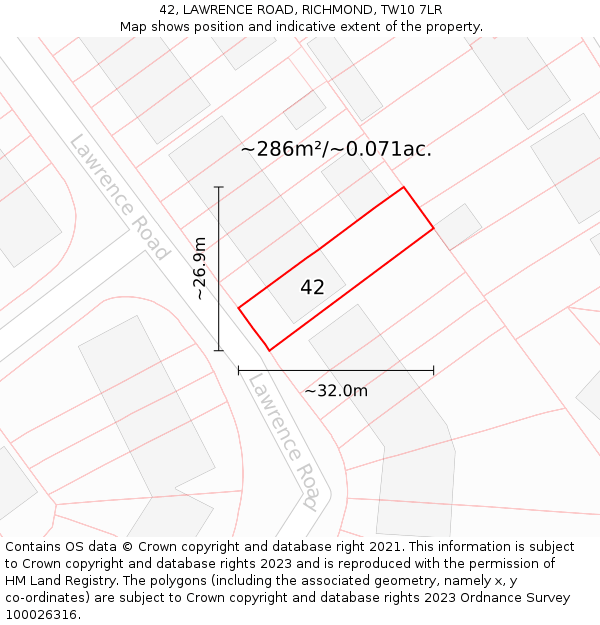 42, LAWRENCE ROAD, RICHMOND, TW10 7LR: Plot and title map
