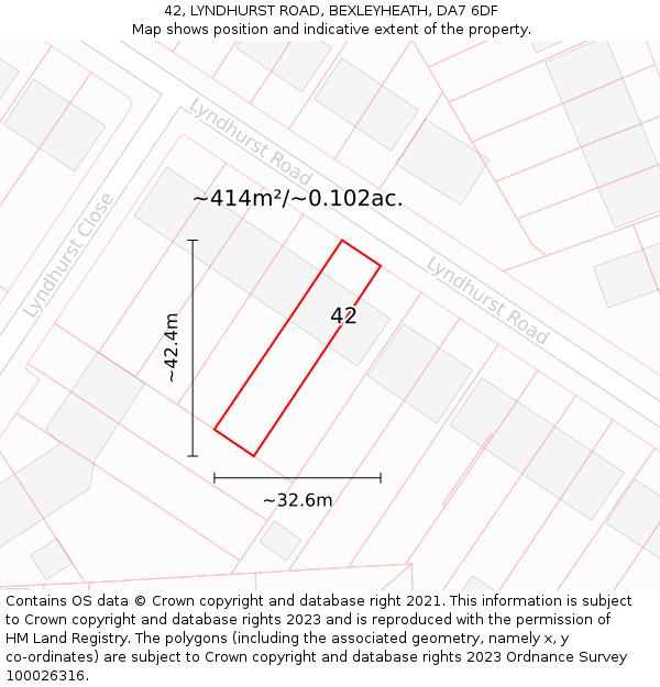 42, LYNDHURST ROAD, BEXLEYHEATH, DA7 6DF: Plot and title map
