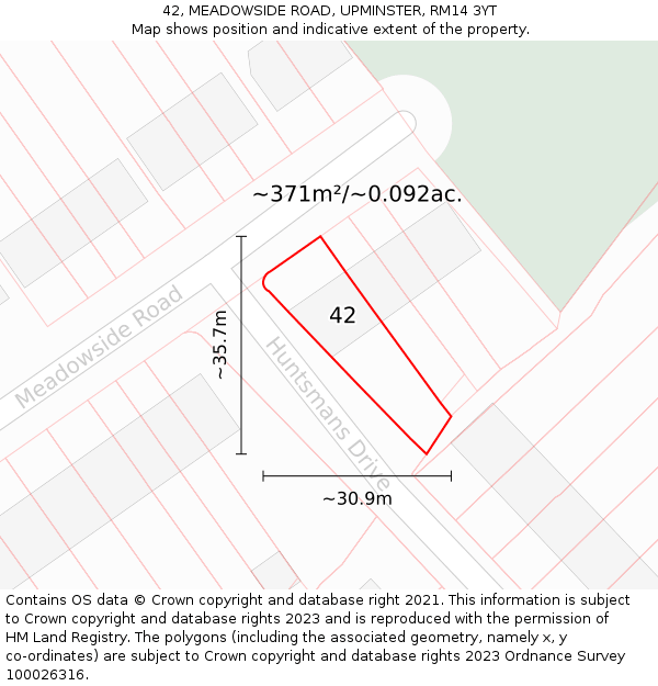 42, MEADOWSIDE ROAD, UPMINSTER, RM14 3YT: Plot and title map