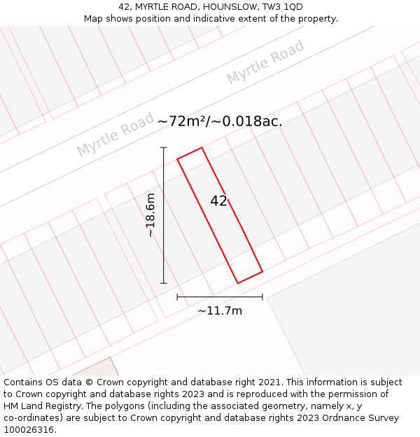42, MYRTLE ROAD, HOUNSLOW, TW3 1QD: Plot and title map