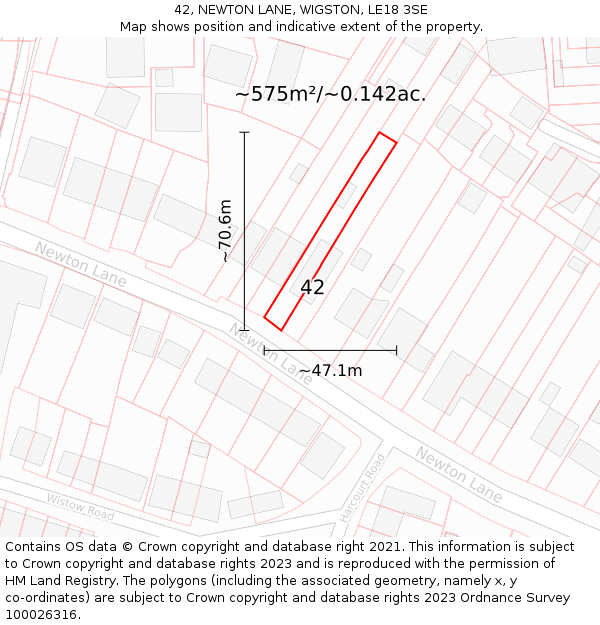 42, NEWTON LANE, WIGSTON, LE18 3SE: Plot and title map