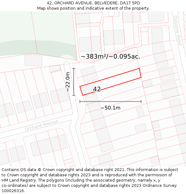 42, ORCHARD AVENUE, BELVEDERE, DA17 5PD: Plot and title map