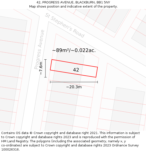42, PROGRESS AVENUE, BLACKBURN, BB1 5NY: Plot and title map