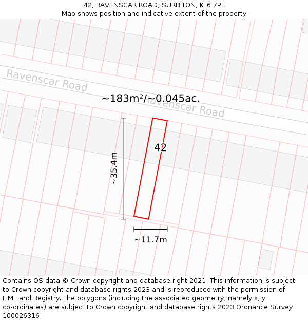 42, RAVENSCAR ROAD, SURBITON, KT6 7PL: Plot and title map