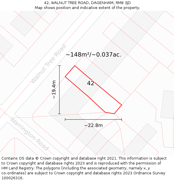 42, WALNUT TREE ROAD, DAGENHAM, RM8 3JD: Plot and title map