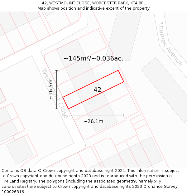 42, WESTMOUNT CLOSE, WORCESTER PARK, KT4 8FL: Plot and title map