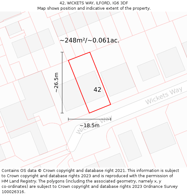 42, WICKETS WAY, ILFORD, IG6 3DF: Plot and title map