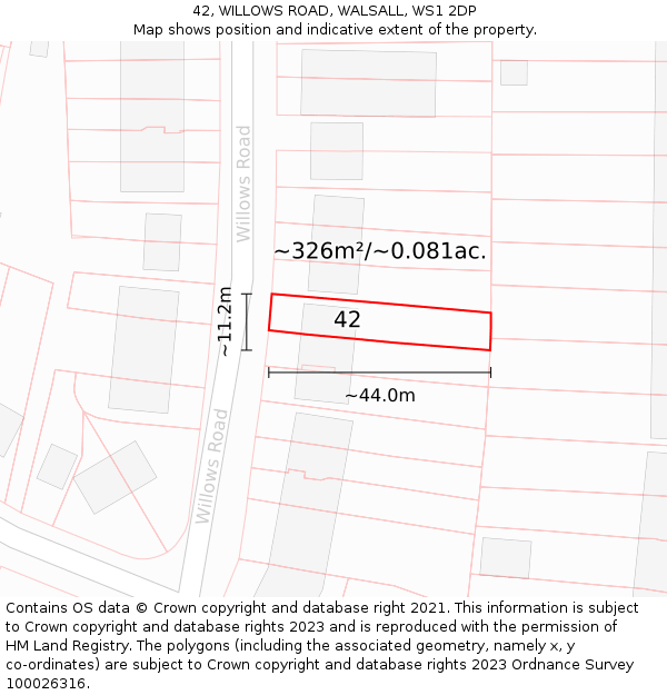 42, WILLOWS ROAD, WALSALL, WS1 2DP: Plot and title map