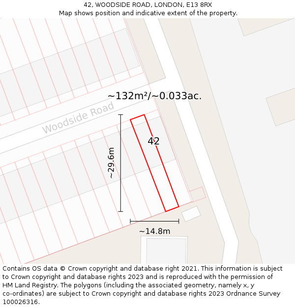 42, WOODSIDE ROAD, LONDON, E13 8RX: Plot and title map