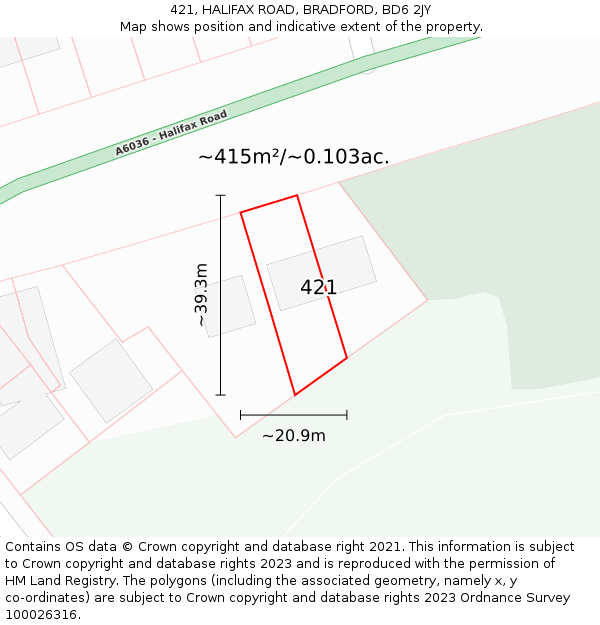 421, HALIFAX ROAD, BRADFORD, BD6 2JY: Plot and title map