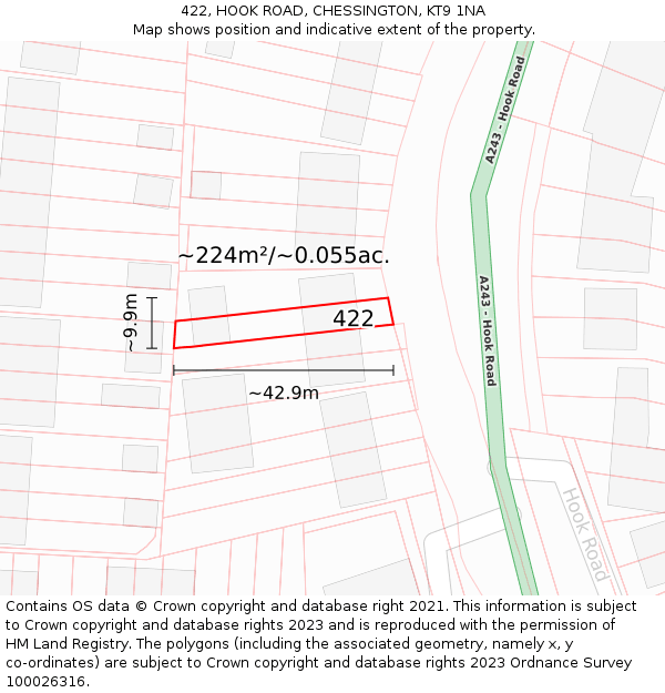 422, HOOK ROAD, CHESSINGTON, KT9 1NA: Plot and title map