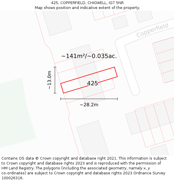 425, COPPERFIELD, CHIGWELL, IG7 5NR: Plot and title map