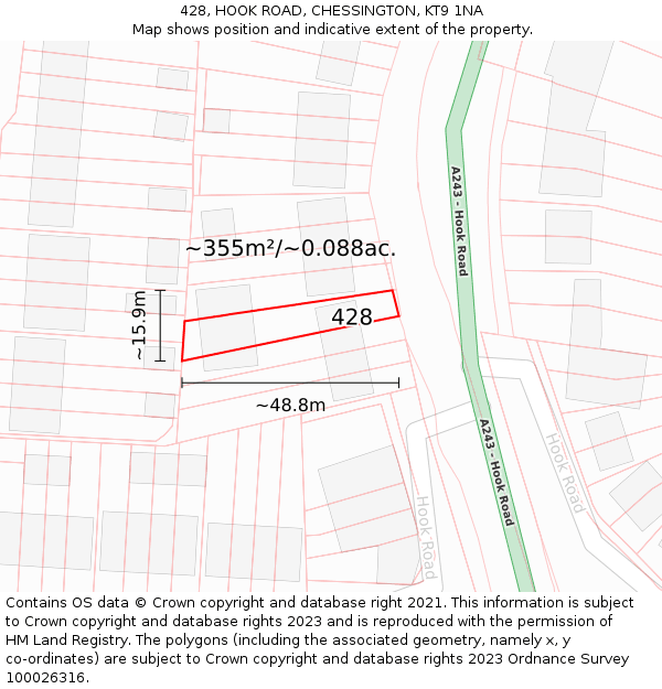 428, HOOK ROAD, CHESSINGTON, KT9 1NA: Plot and title map