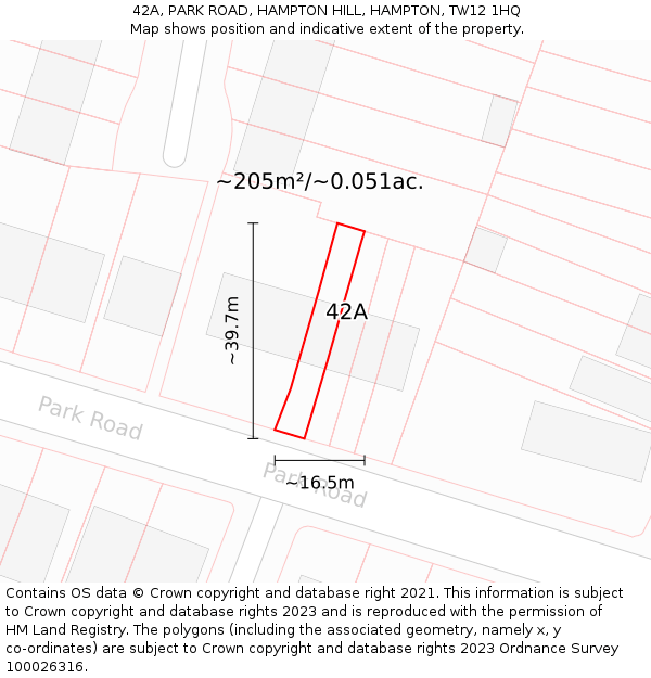 42A, PARK ROAD, HAMPTON HILL, HAMPTON, TW12 1HQ: Plot and title map