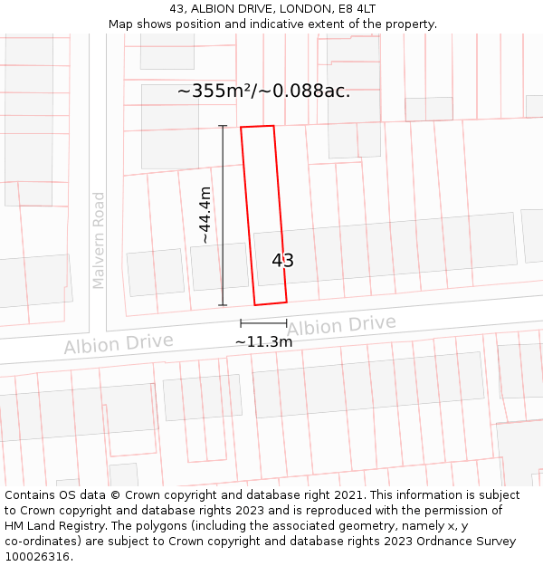 43, ALBION DRIVE, LONDON, E8 4LT: Plot and title map