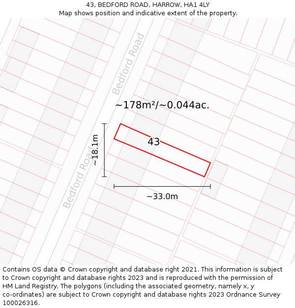 43, BEDFORD ROAD, HARROW, HA1 4LY: Plot and title map