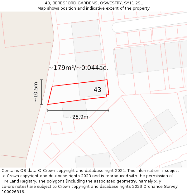 43, BERESFORD GARDENS, OSWESTRY, SY11 2SL: Plot and title map