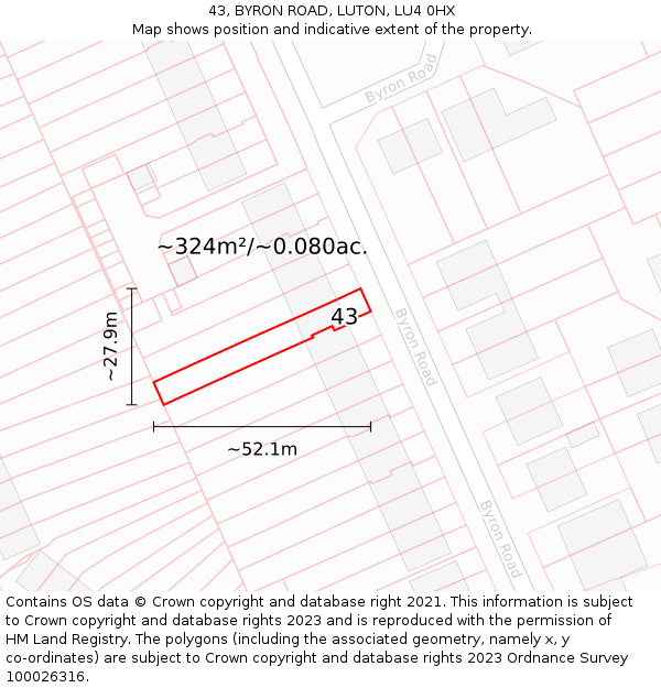 43, BYRON ROAD, LUTON, LU4 0HX: Plot and title map
