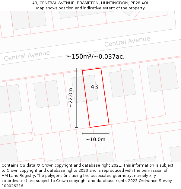 43, CENTRAL AVENUE, BRAMPTON, HUNTINGDON, PE28 4QL: Plot and title map
